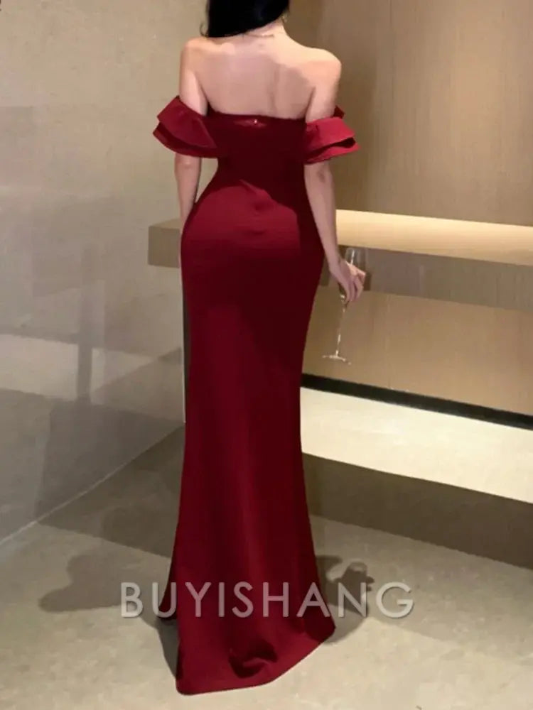Buyishang Mermaid Off The Shoulder Floor-length Burgundy Satin Slit Prom Dresses