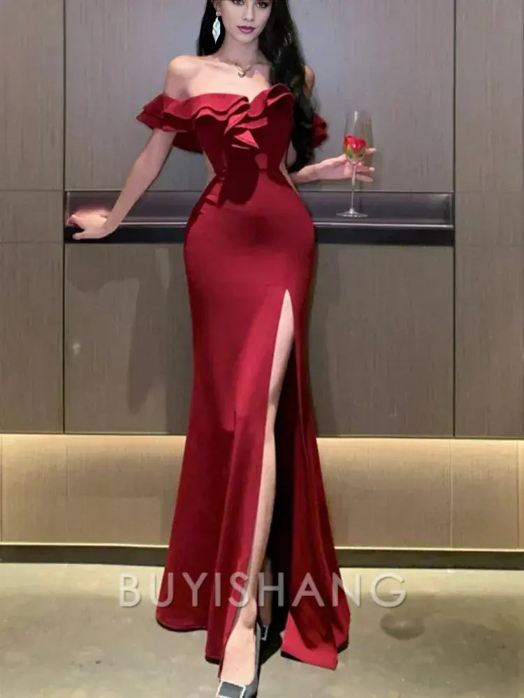 Buyishang Mermaid Off The Shoulder Floor-length Burgundy Satin Slit Prom Dresses