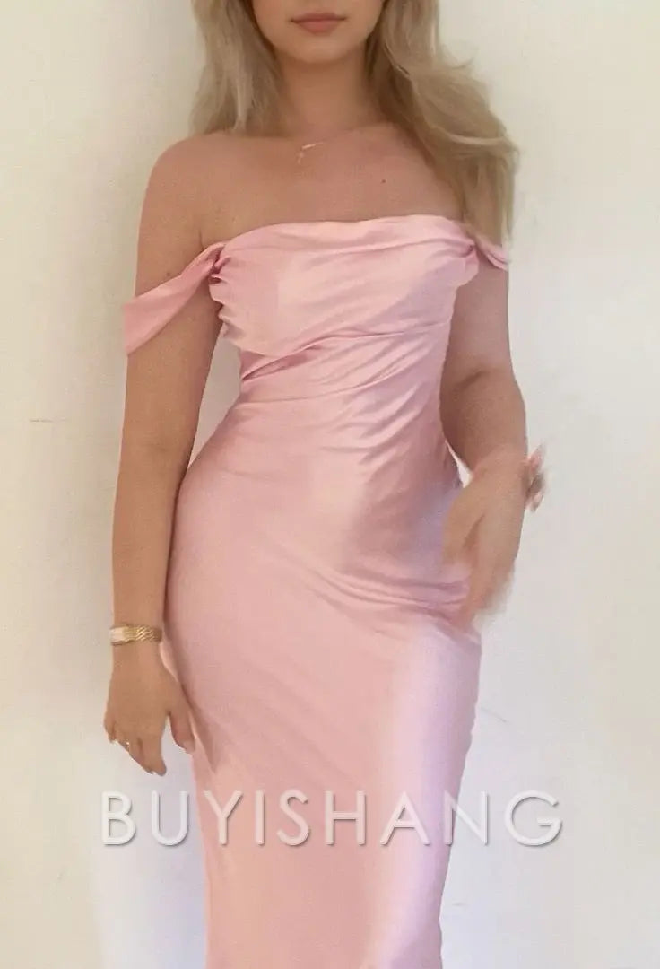 Buyishang Mermaid Off The Shoulder Floor-length Satin Pink Evening Dress Prom Dresses