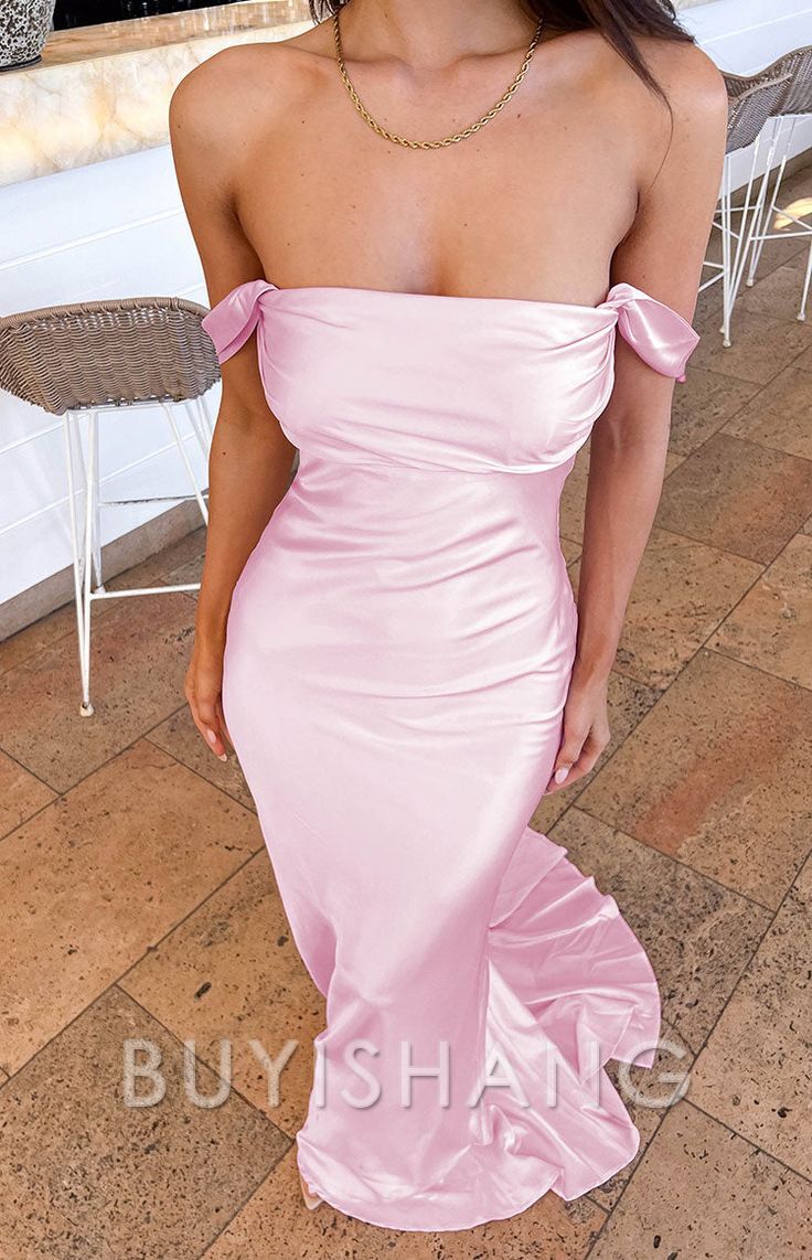 Buyishang Mermaid Off The Shoulder Floor-length Satin Pink Evening Dress Prom Dresses