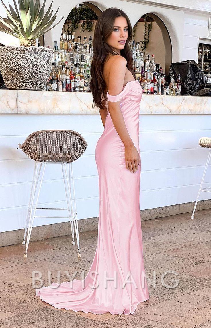 Buyishang Mermaid Off The Shoulder Floor-length Satin Pink Evening Dress Prom Dresses