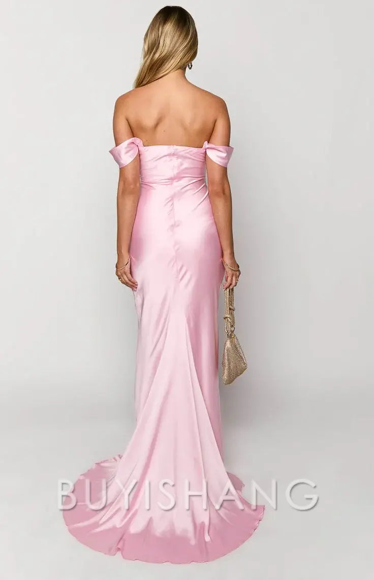 Buyishang Mermaid Off The Shoulder Floor-length Satin Pink Evening Dress Prom Dresses
