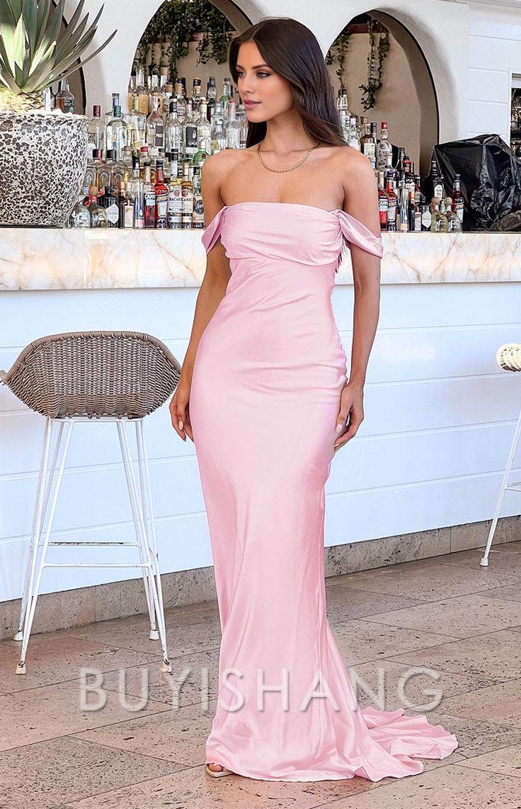 Buyishang Mermaid Off The Shoulder Floor-length Satin Pink Evening Dress Prom Dresses