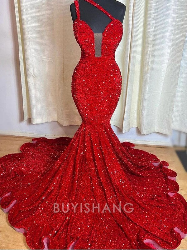 Buyishang Simple Mermaid One-Shoulder Court Train Velvet Sequins Dress formal wear dresses