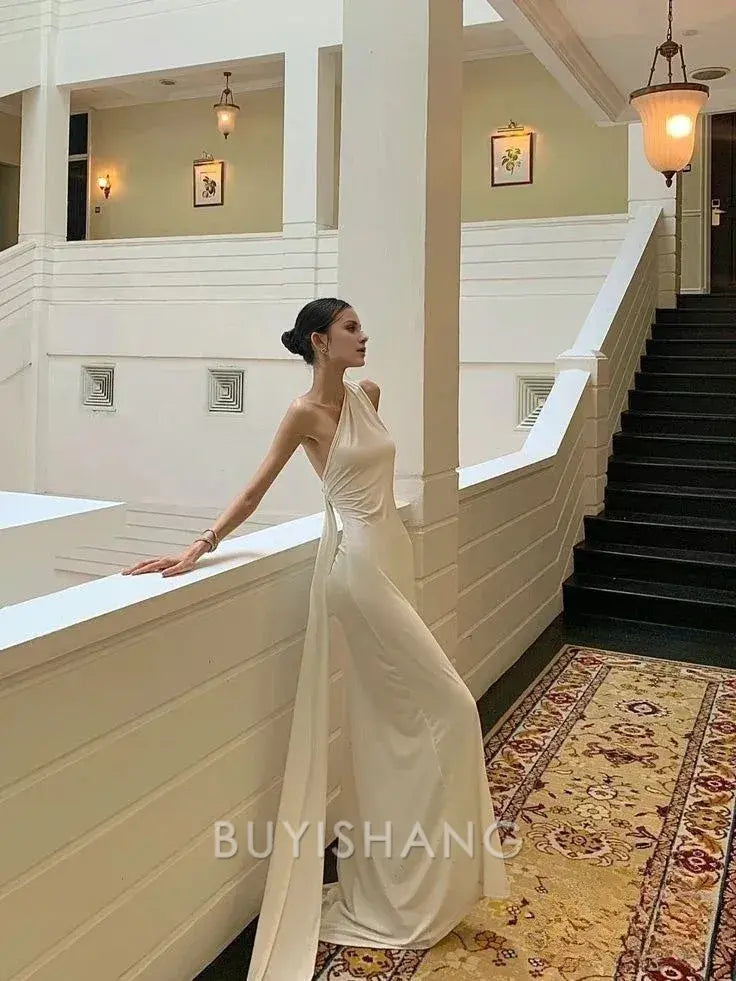 Buyishang Mermaid One Shoulder Floor-length Sleeveless White Long Prom Dresses