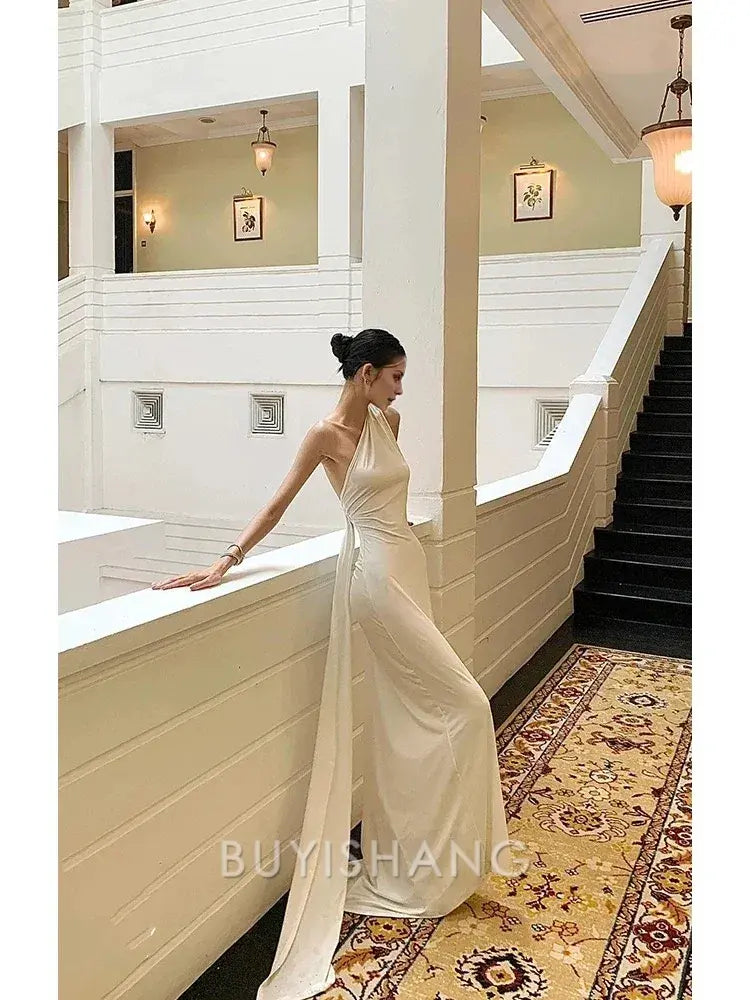 Buyishang Mermaid One Shoulder Floor-length Sleeveless White Long Prom Dresses