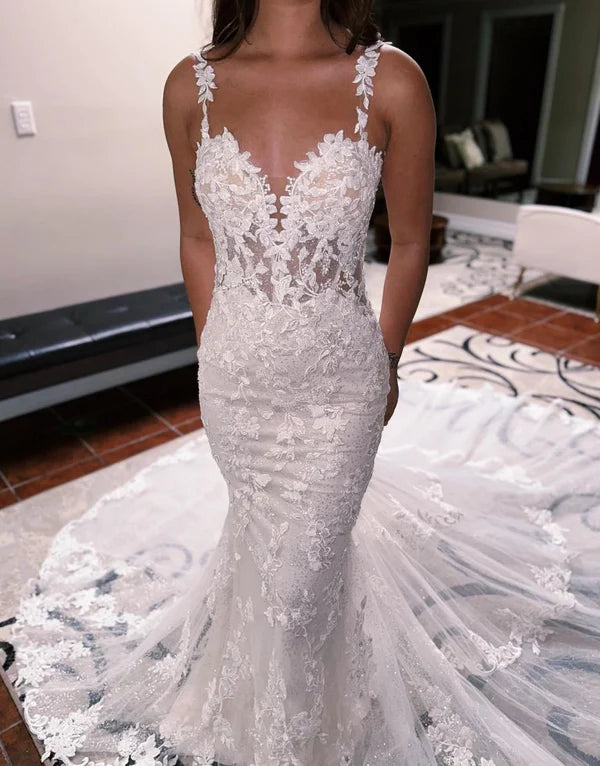 Buyishang Mermaid Spaghetti Straps Backless Sweep Train Wedding Dress