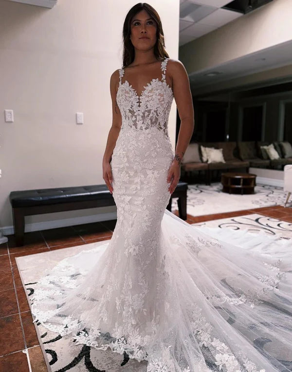 Buyishang Mermaid Spaghetti Straps Backless Sweep Train Wedding Dress