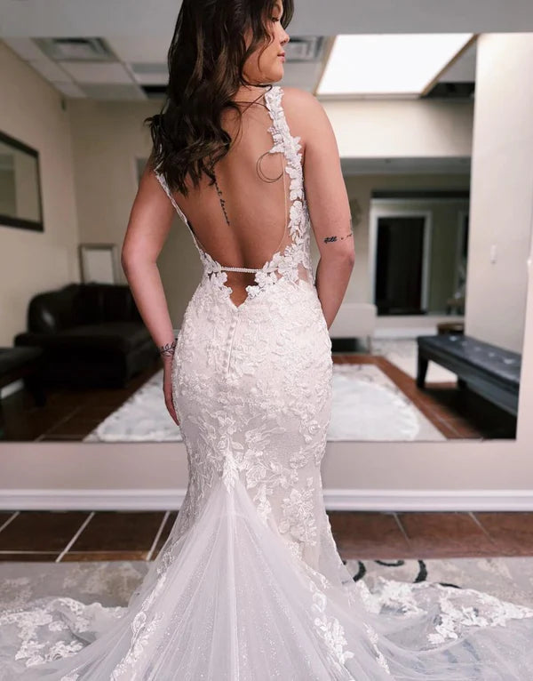 Buyishang Mermaid Spaghetti Straps Backless Sweep Train Wedding Dress