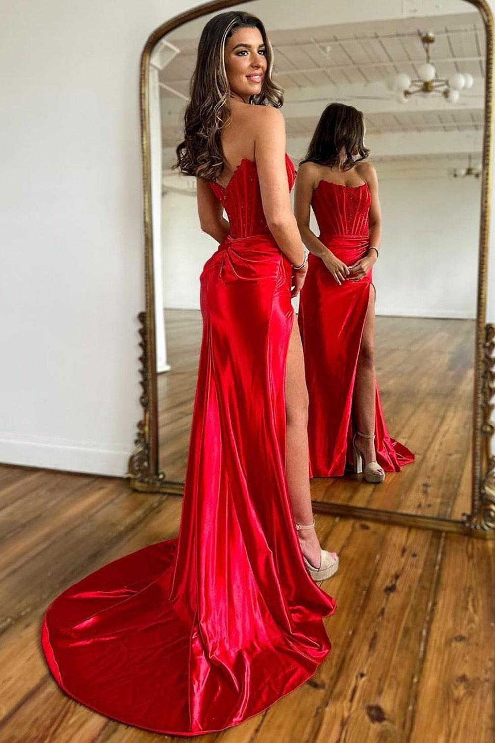 Mermaid Strapless Sweep Train Satin Prom Party Dress with Split