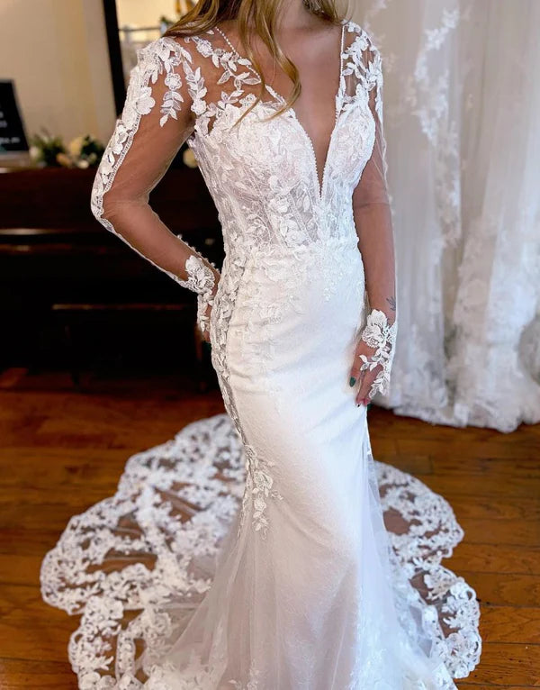 Buyishang Mermaid V-Neck Long Sleeves Wedding Dress With Appliques