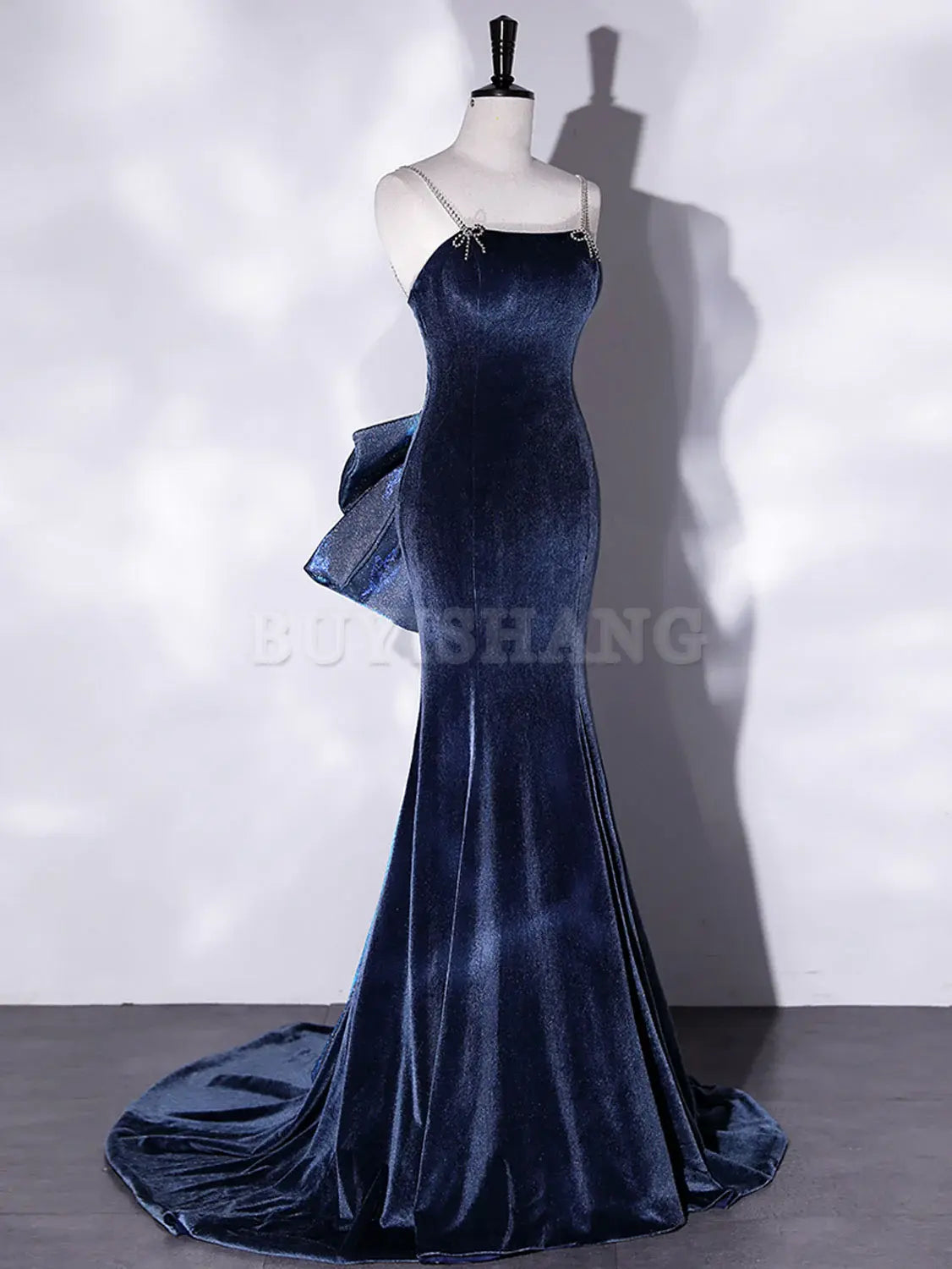 Buyishang Mermaid Velvet Blue Long Prom Dresses Blue Velvet Long Evening Dress prom dresses shops