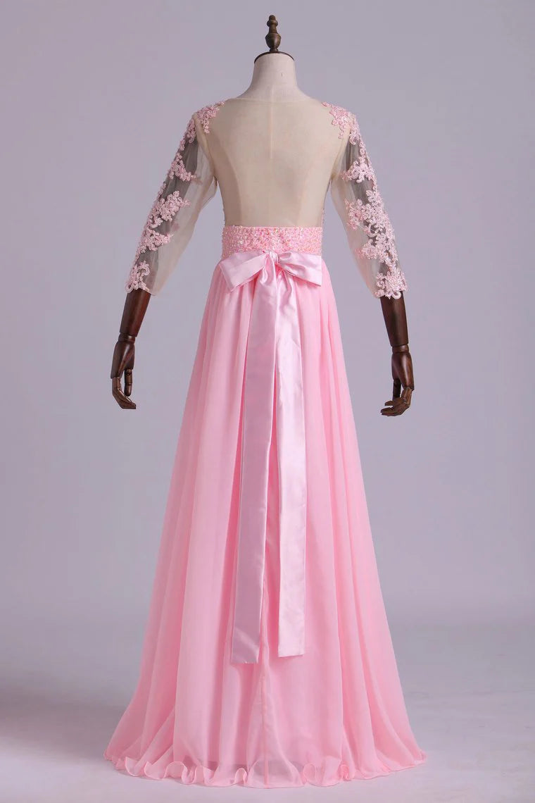 A-Line Scoop Chiffon Party Dresses Floor-Length With Applique