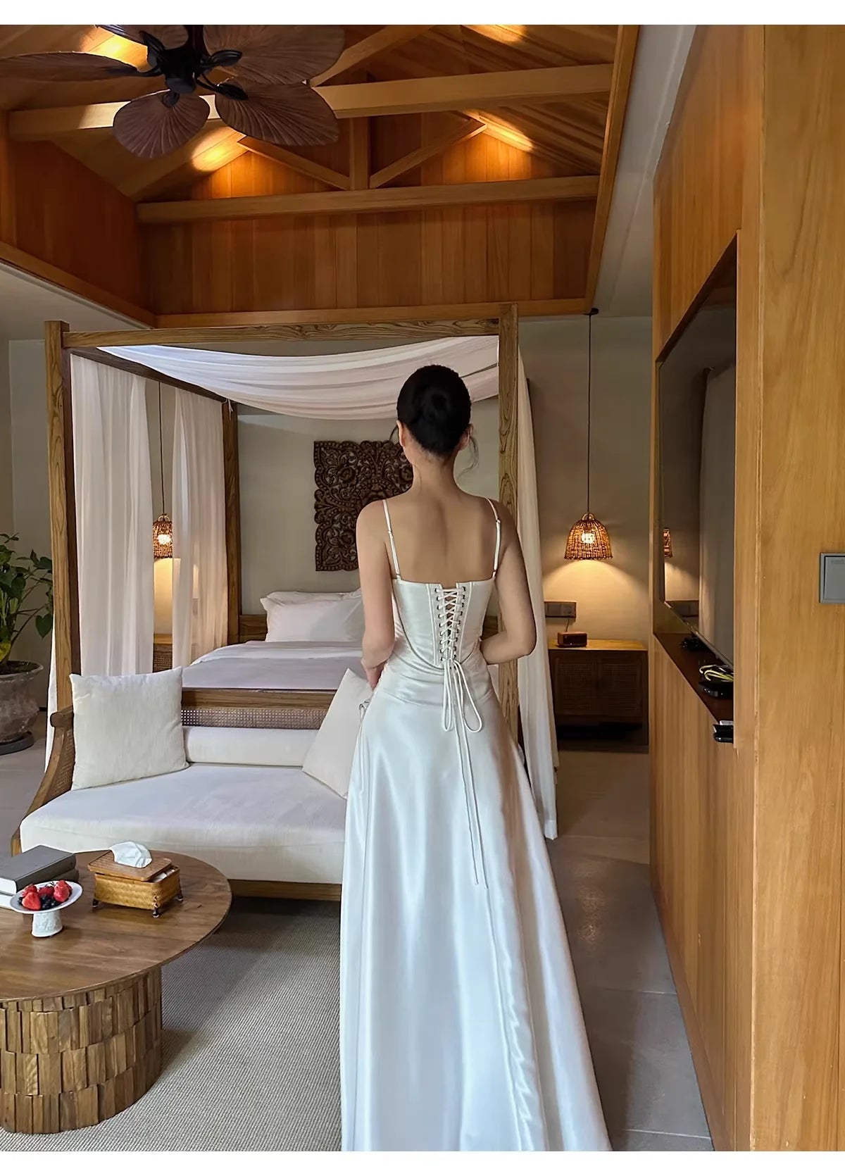 Minimalist A-Line Square-Neck Lace-Up White Satin Long Evening Dresses