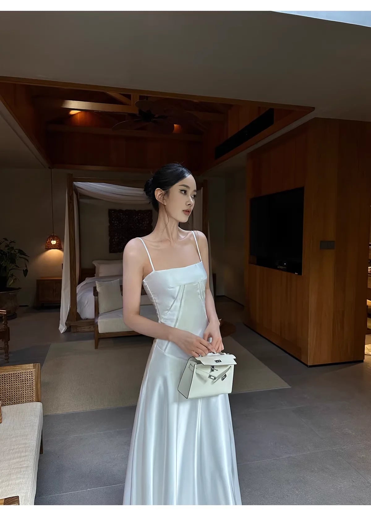 Minimalist A-Line Square-Neck Lace-Up White Satin Long Evening Dresses