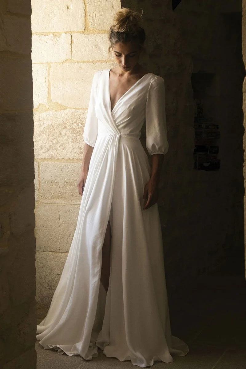 Minimalist A-Line V-Neck Wrap Floor-Length Prom Dress