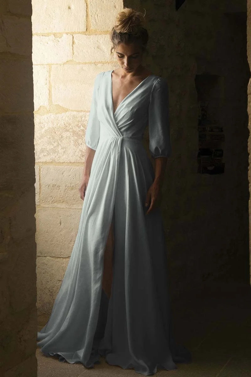Minimalist A-Line V-Neck Wrap Floor-Length Prom Dress
