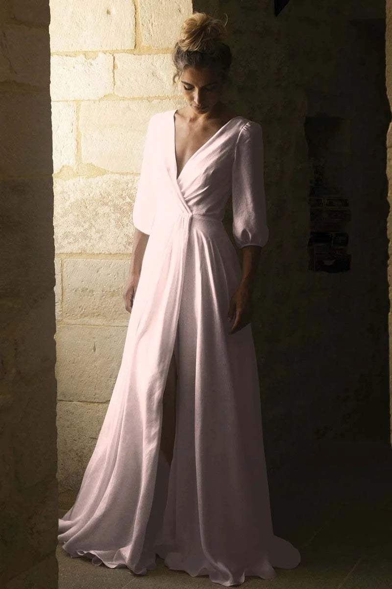 Minimalist A-Line V-Neck Wrap Floor-Length Prom Dress
