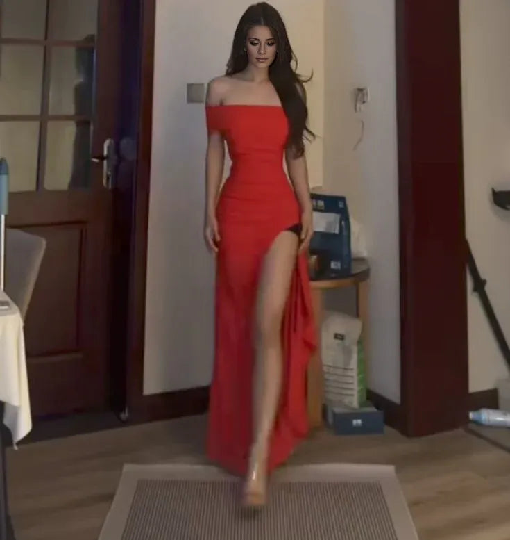 Buyishang Modest Mermaid Off The Shoulder Red Evening Dress Long Prom Dresses