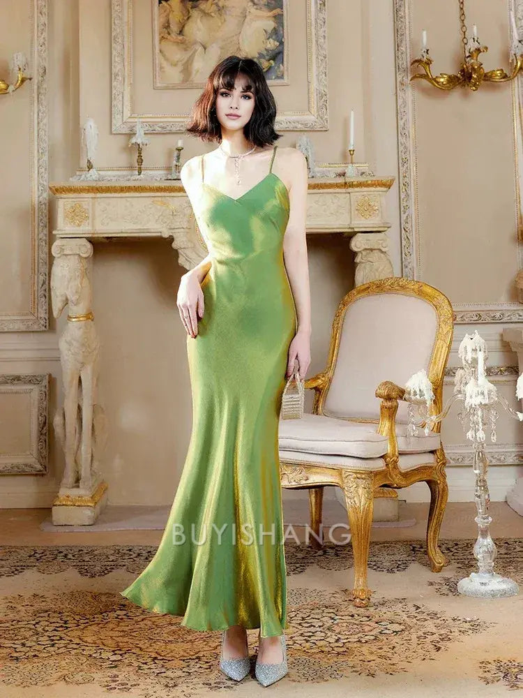 Buyishang Modest Mermaid Spaghetti Straps Green Long Evening Dress Prom Dresses