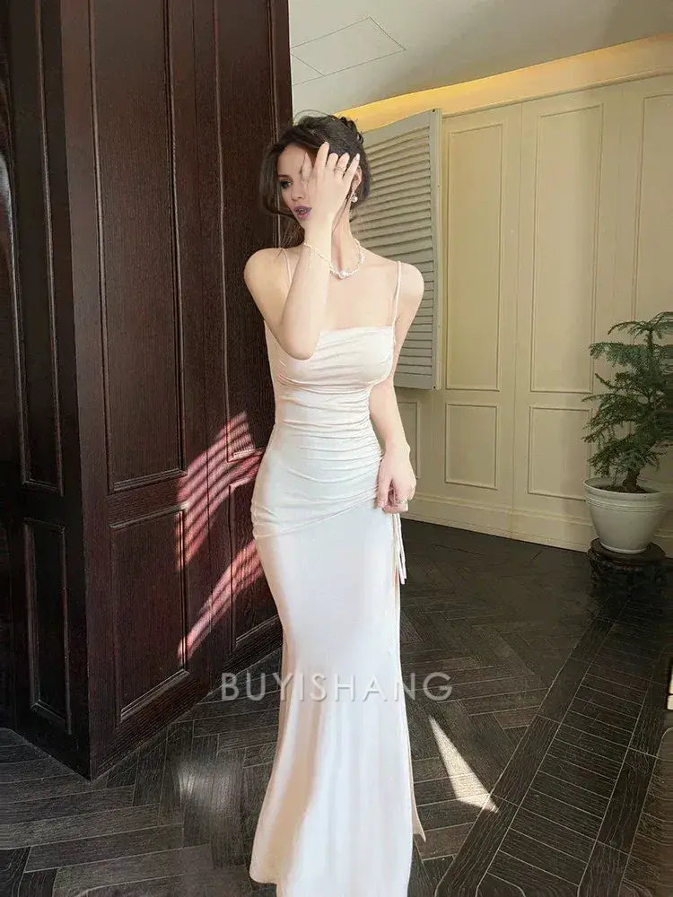 Buyishang Modest Mermaid Spaghetti Straps Pink Ankle Length Evening Dress Prom Dresses