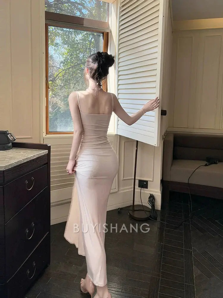 Buyishang Modest Mermaid Spaghetti Straps Pink Ankle Length Evening Dress Prom Dresses