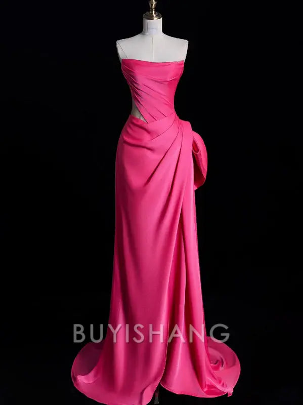 Buyishang Modest Mermaid Strapless Pink Satin Party Dress Long Prom Dress Evening Dresses