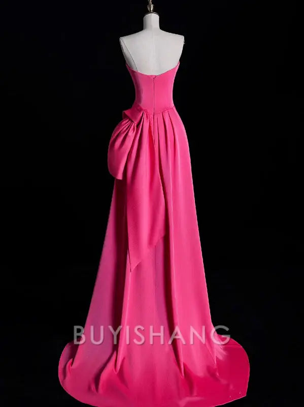 Buyishang Modest Mermaid Strapless Pink Satin Party Dress Long Prom Dress Evening Dresses