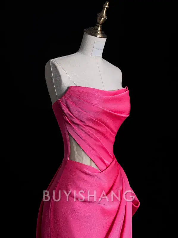 Buyishang Modest Mermaid Strapless Pink Satin Party Dress Long Prom Dress Evening Dresses