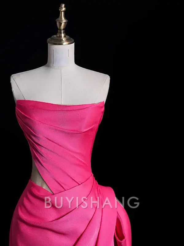 Buyishang Modest Mermaid Strapless Pink Satin Party Dress Long Prom Dress Evening Dresses