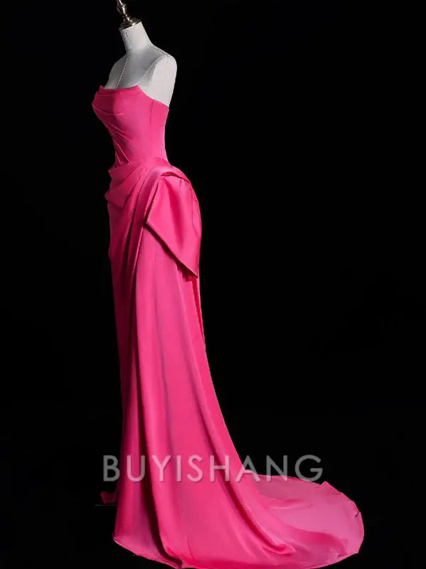 Buyishang Modest Mermaid Strapless Pink Satin Party Dress Long Prom Dress Evening Dresses