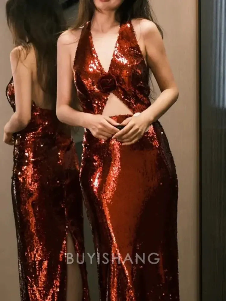 Buyishang Modest Mermaid V Neckline Burgundy Floor Length Evening Dress Sequin Prom Dresses