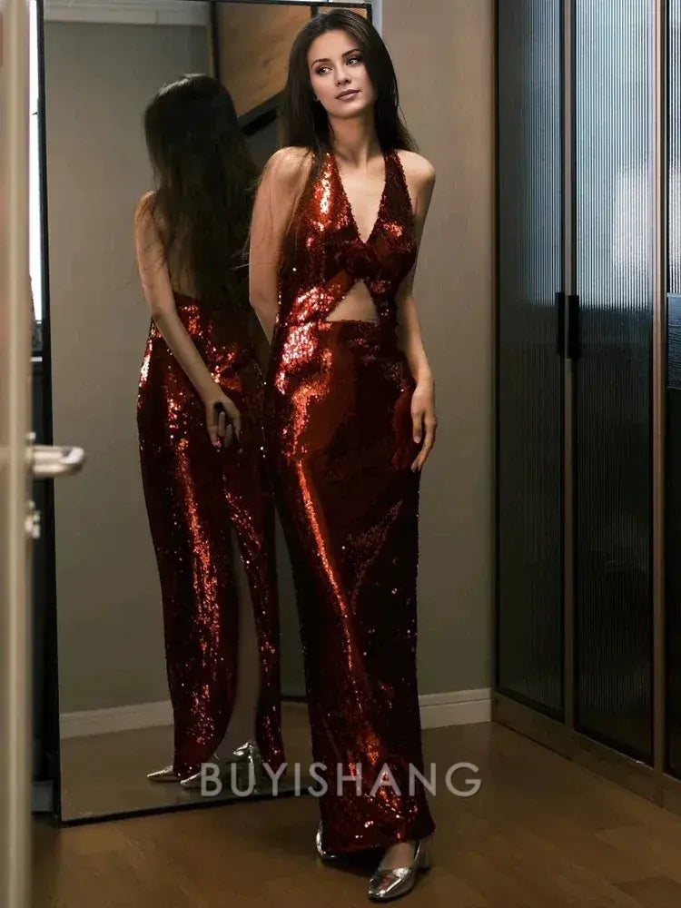 Buyishang Modest Mermaid V Neckline Burgundy Floor Length Evening Dress Sequin Prom Dresses