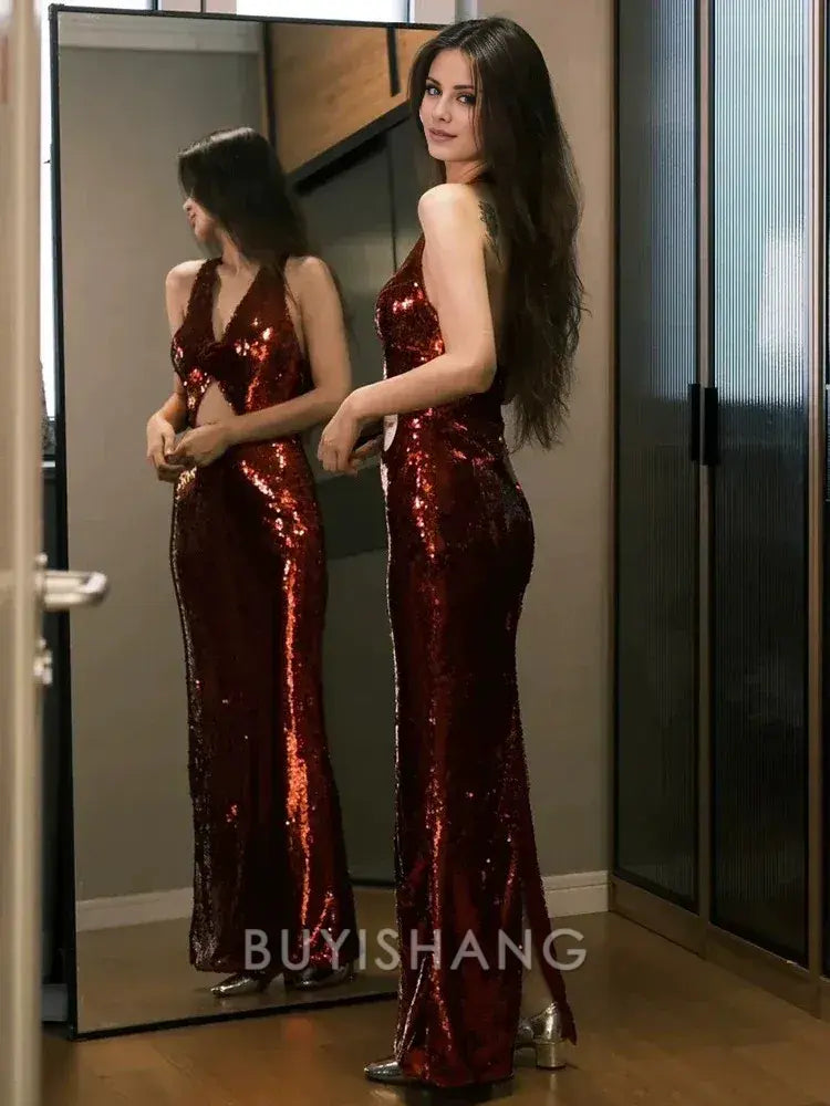 Buyishang Modest Mermaid V Neckline Burgundy Floor Length Evening Dress Sequin Prom Dresses
