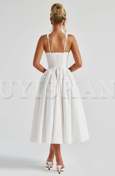 Buyishang Simple shoulder strap flower ivory dress custom cotton Madeira embroidered fabric dress