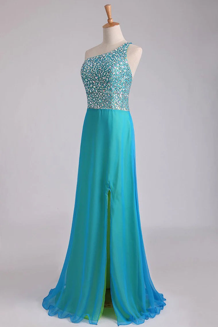 Multi Color Party Dress One Shoulder Beaded Bodice Backless With A Sexy Slit