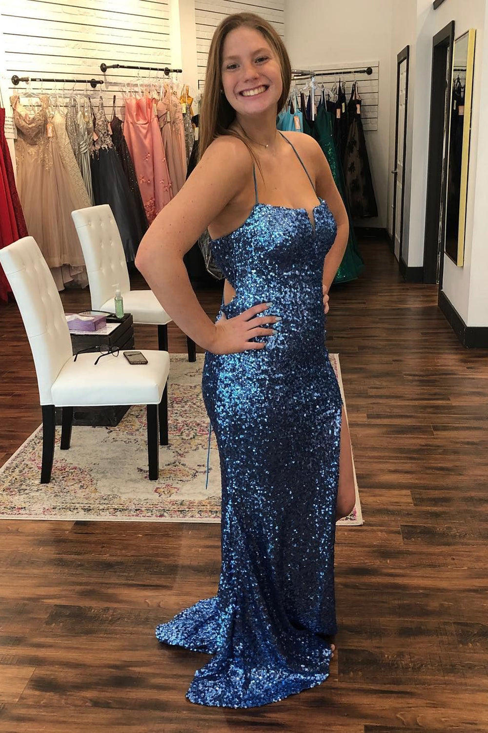 Navy Spaghetti Straps Criss-Cross Back Sequined Prom Dress