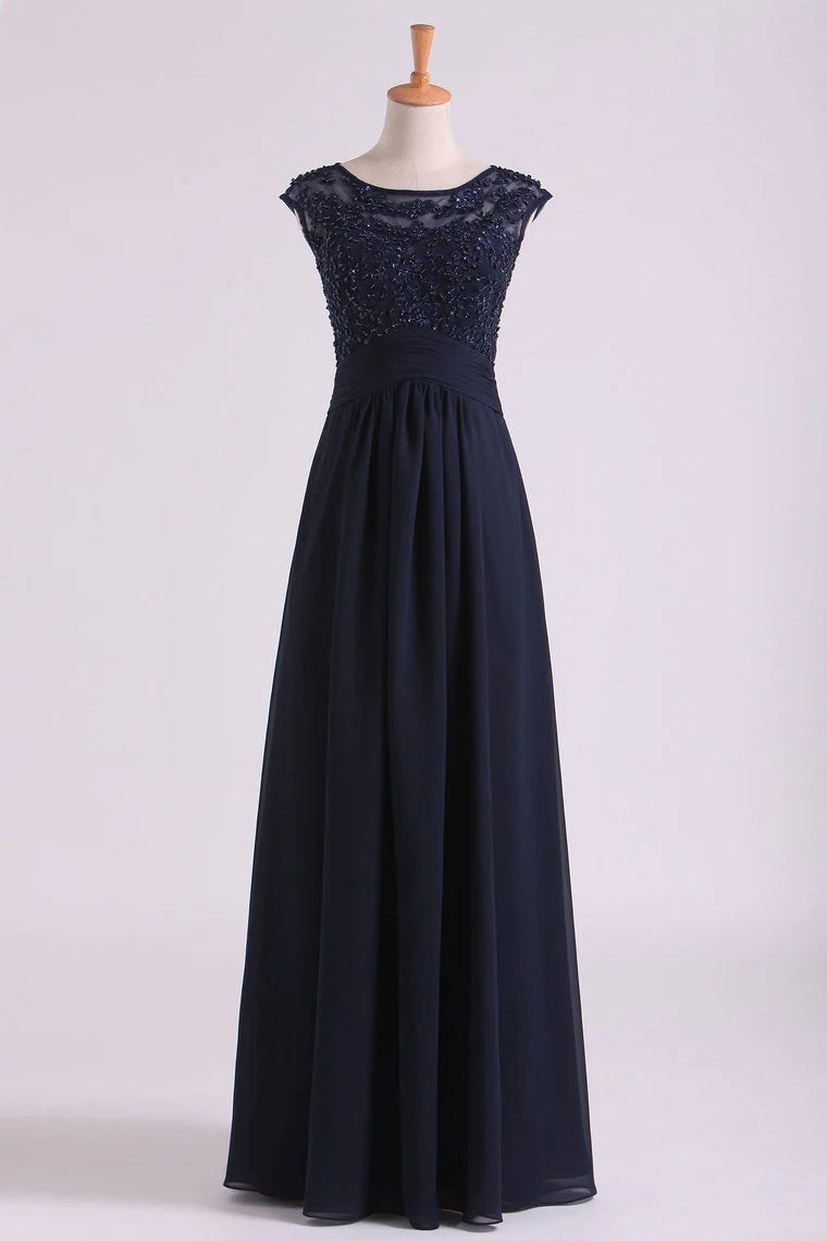 New Arrival Bateau Neckline Embellished Tulle Bodice With Beaded Applique Chiffon Party Dress