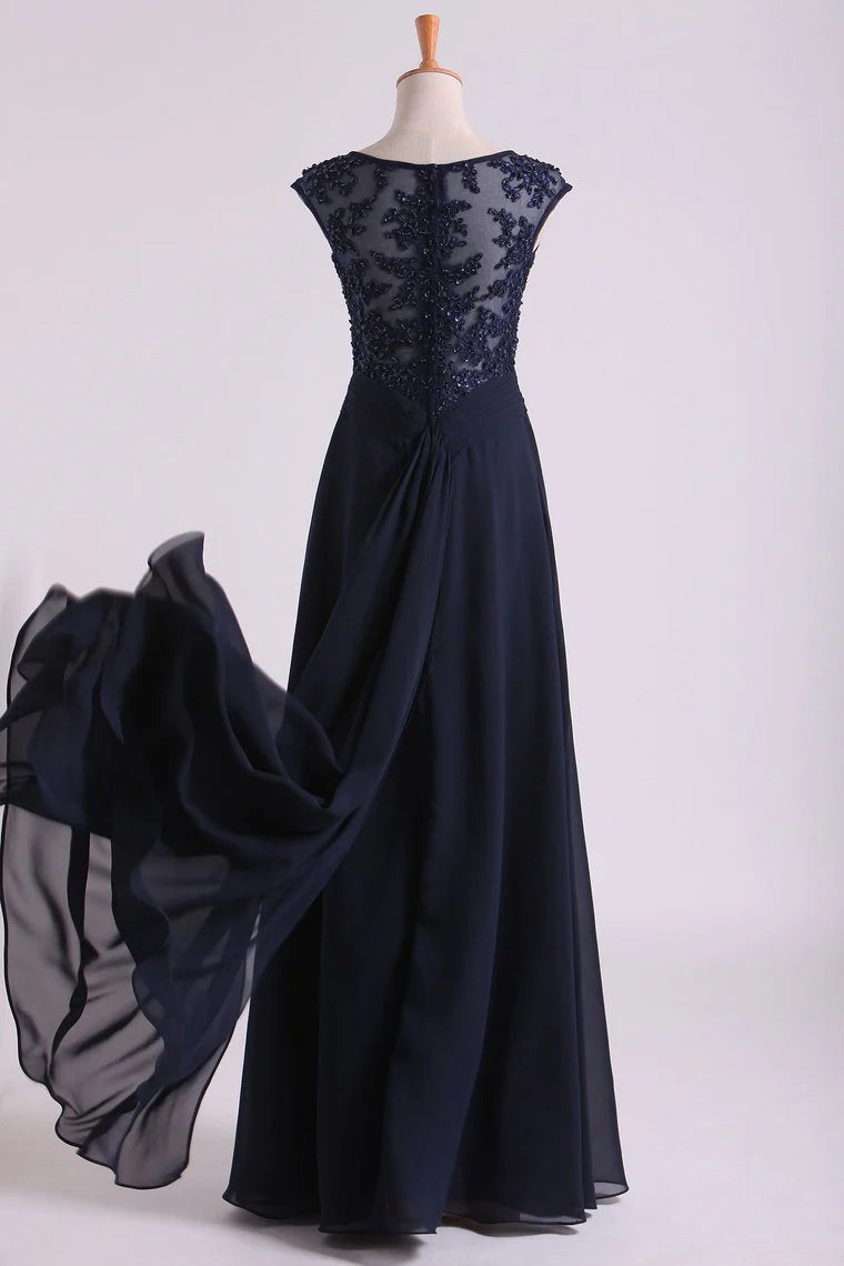 New Arrival Bateau Neckline Embellished Tulle Bodice With Beaded Applique Chiffon Party Dress