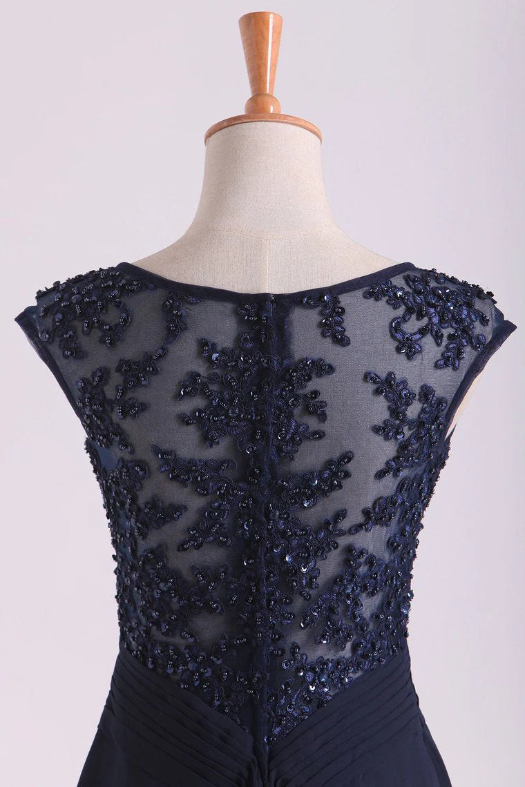 New Arrival Bateau Neckline Embellished Tulle Bodice With Beaded Applique Chiffon Party Dress