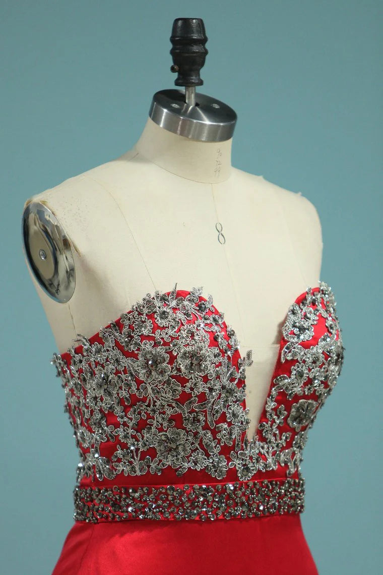 Mermaid V Neck Party Dresses Satin With Beads&Appliques