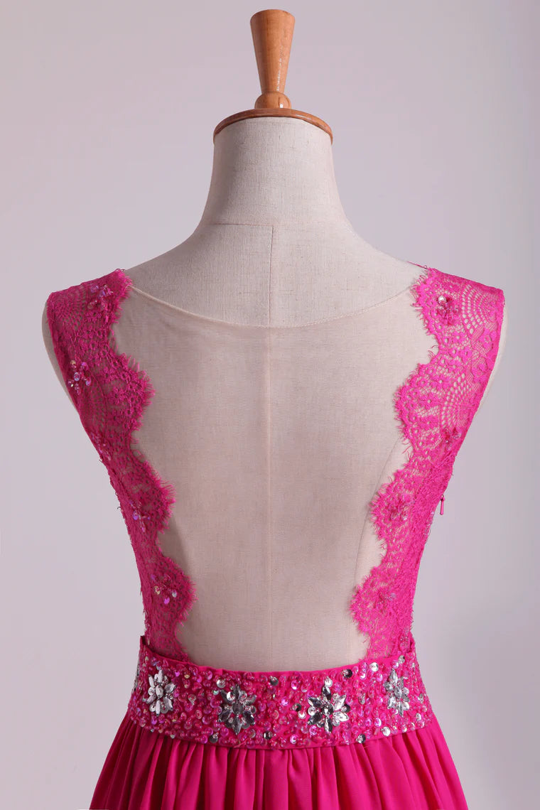 V Neck Tulle&Lace Back A Line Exquisite Chiffon Beading Party Dress