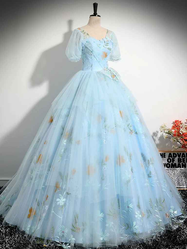 Buyishang A-Line V Neck Tulle Lace Blue Long Prom Dress Blue Lace Long Formal Dress