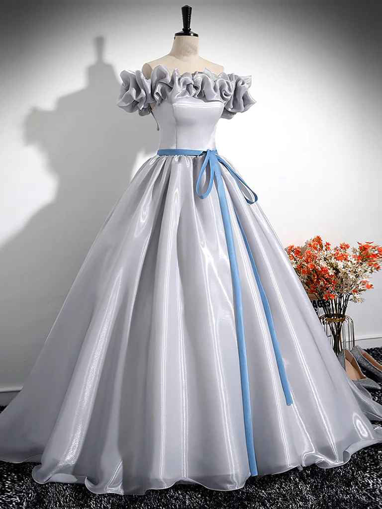 Buyishang A-Line Off Shoulder Gray Satin Long Prom Dress Gray Long Formal Dress