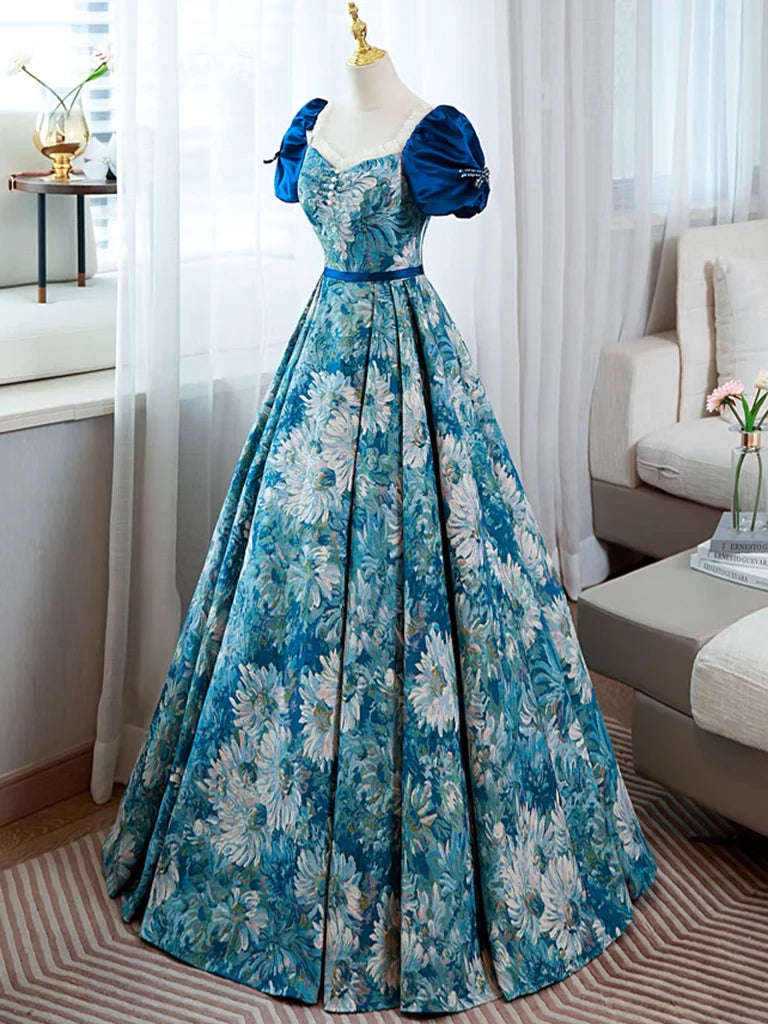 Buyishang A-Line Puff Sleeves Satin Blue Long Prom Dress Blue Long Formal Dress