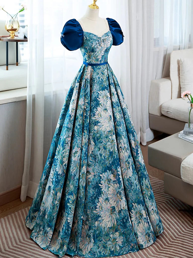 Buyishang A-Line Puff Sleeves Satin Blue Long Prom Dress Blue Long Formal Dress