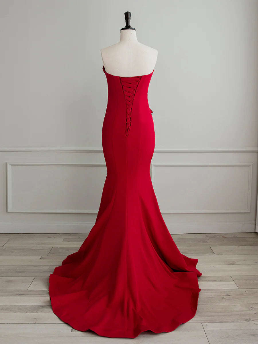 Buyishang Simple Red Satin Mermaid Long Prom Dress Red Formal Evening Dress