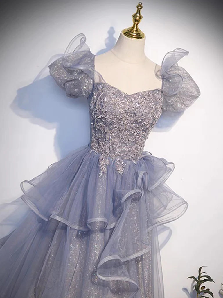 Buyishang A-Line Sweetheart Neck Tulle Sequin Gray Blue Long Prom Dress Gray Blue Long Formal Dress