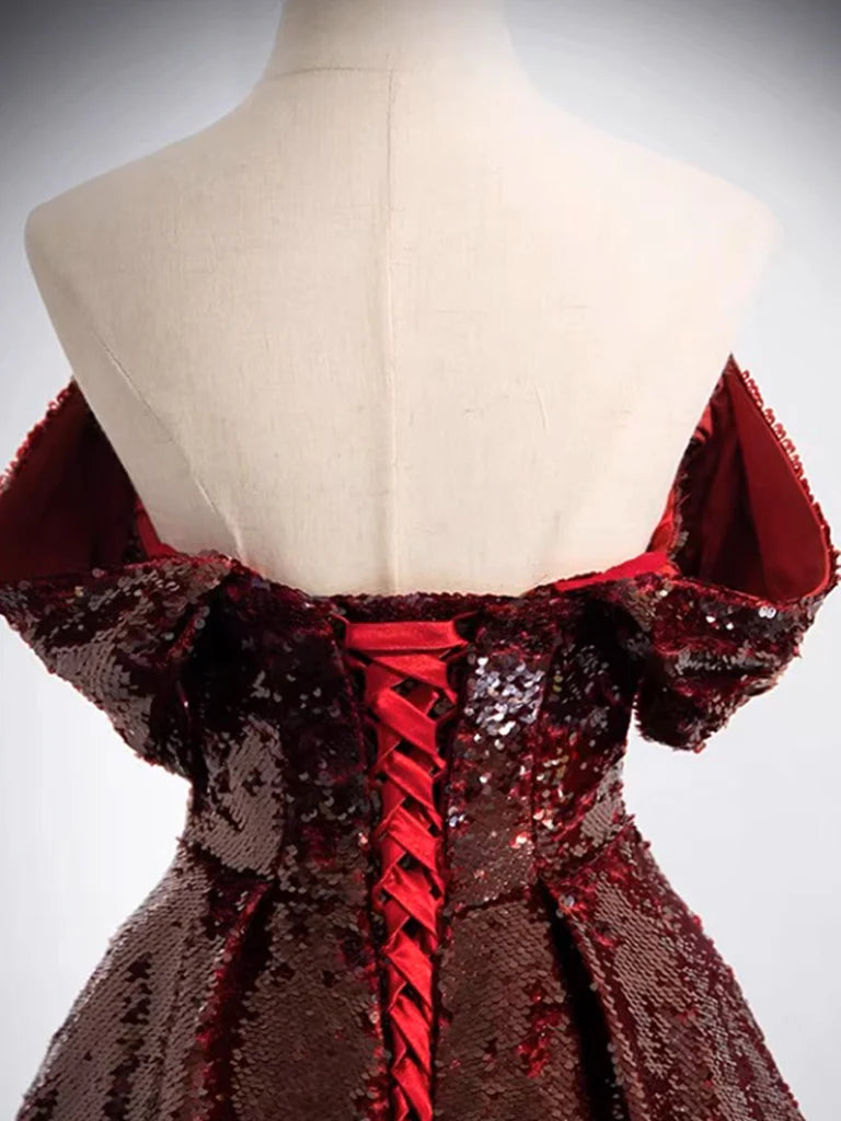 Buyishang A-Line Tulle Sequin Burgundy Long Prom Dress Off Shoulder Burgundy Formal Dress