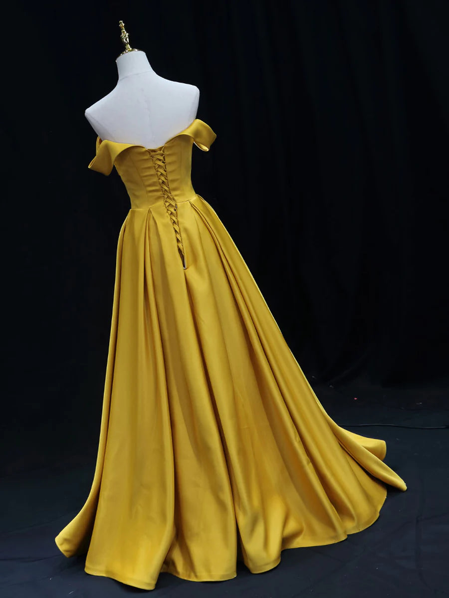 Buyishang Simple Off Shoulder Yellow Satin Long Prom Dress Yellow Formal Evening Dress